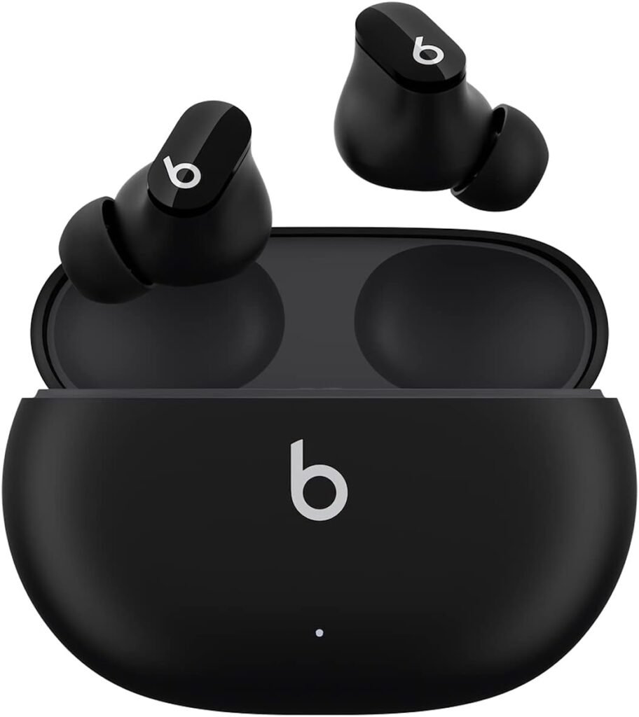 Beats Studio Buds True Wireless Noise Cancelling Earbuds in black with charging case, compatible with Apple and Android.