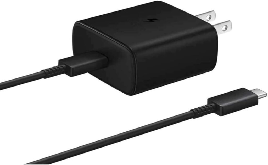 Samsung Official 45W USB-C Super Fast Charging Wall Charger in black with USB-C cable