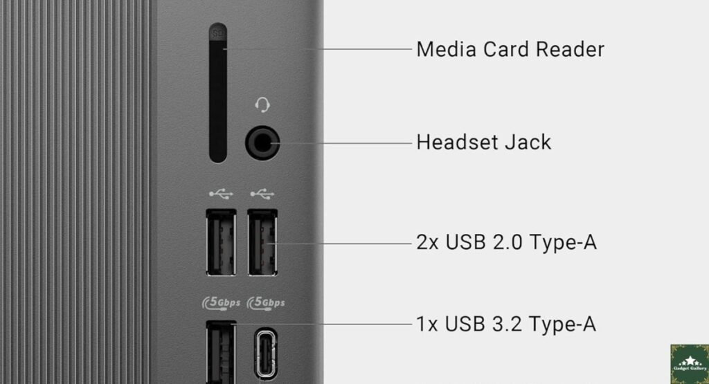 Close-up image of the desktop front ports, SD card reader, and slim chassis design.