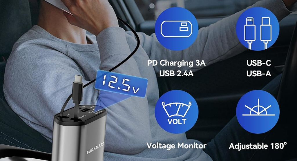4 in 1 Retractable Car Charger features